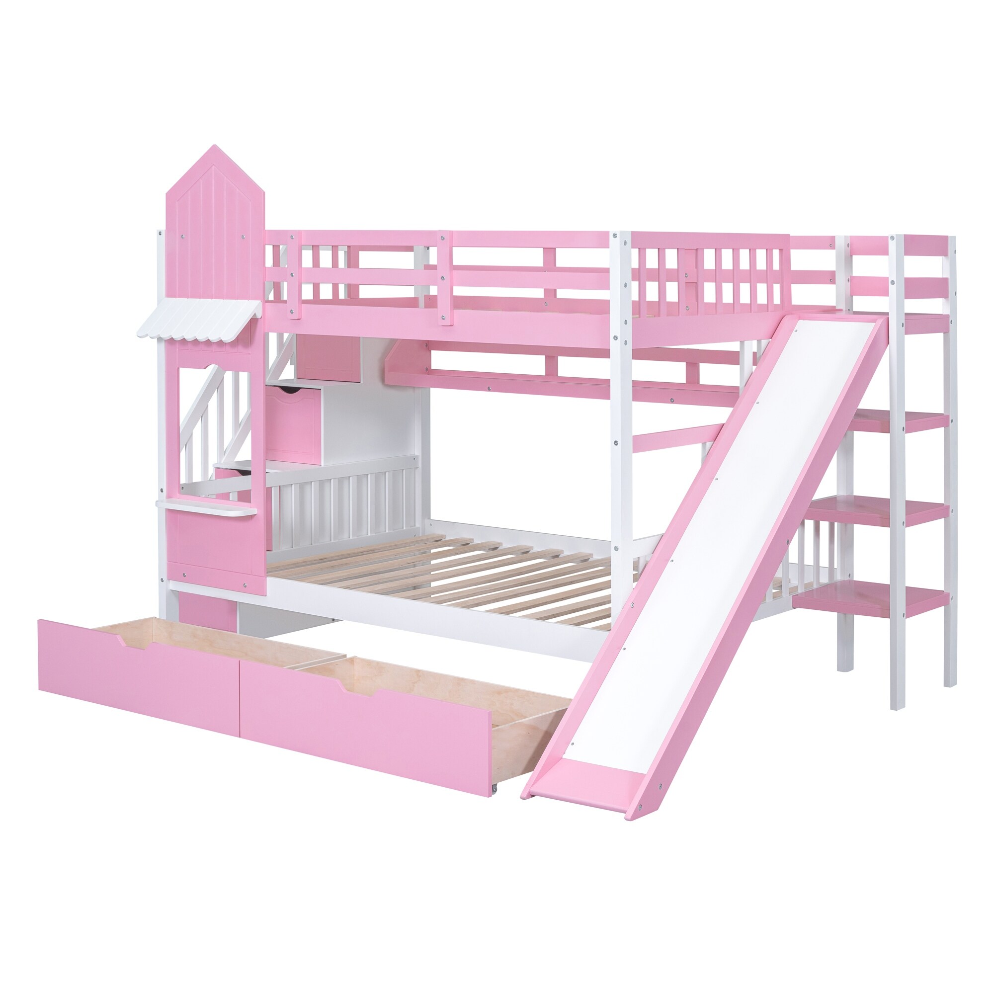 Full Over Full Castle Style Bunk Bed w 2 Drawers 3 Shelves Wood Bunk Bed Frame w Slide Storage Staircase for Boys Girls Pink Bed Bath Beyond 39807261