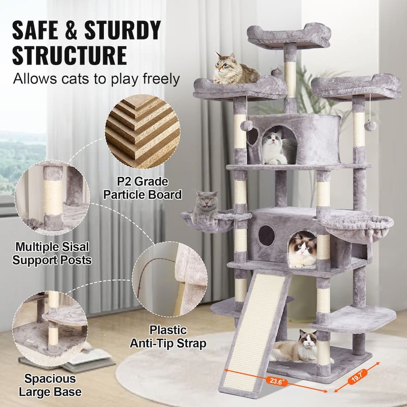 Cat Tree for Indoor Cats, 68.5" Cat Tower with 2 Cat Condos, Sisal Scratching Post, Hammocks, Top Perches