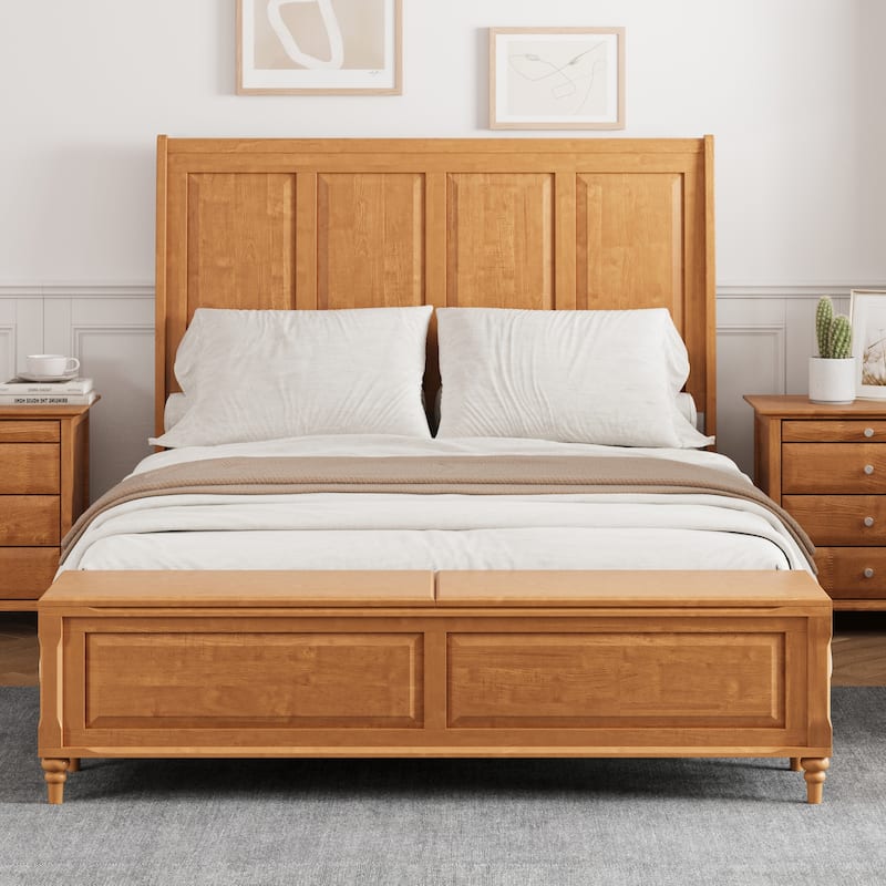 GDFStudio - Traditional Solid Wood Sleigh Bed Frame with High Paneled Headboard & Storage Chest Bench, No Box Spring Needed - Natural - Queen