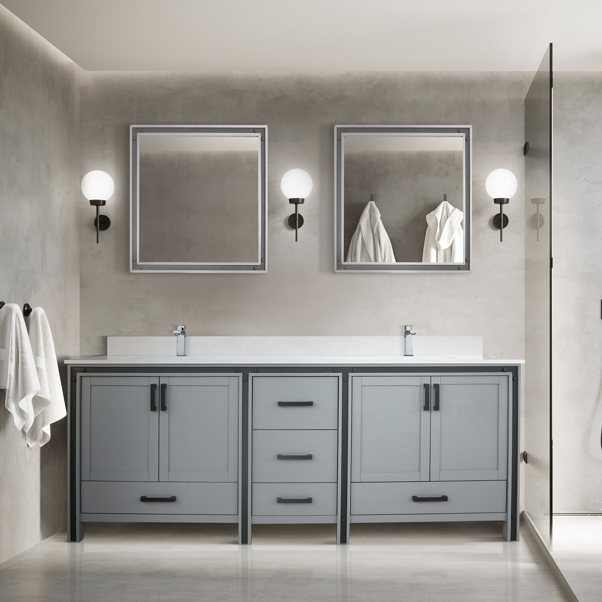Ziva 84 in W x 22 in D White Double Bath Vanity, White Quartz Top and 34 in Mirrors