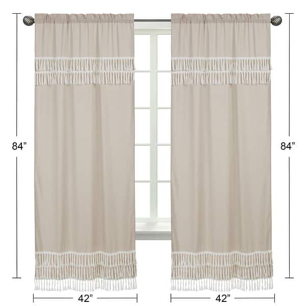 Boho Fringe 84in Window Treatment Curtain Panel Pair - Neutral Tan Taupe Linen for Bohemian Woodland Farmhouse Botanical Leaf
