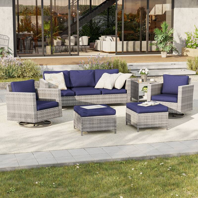 BONOSUKI 6Pcs Patio Swivel Rocking Sofa Set Brown Rattan w/Side Table - Gray/NavyBlue