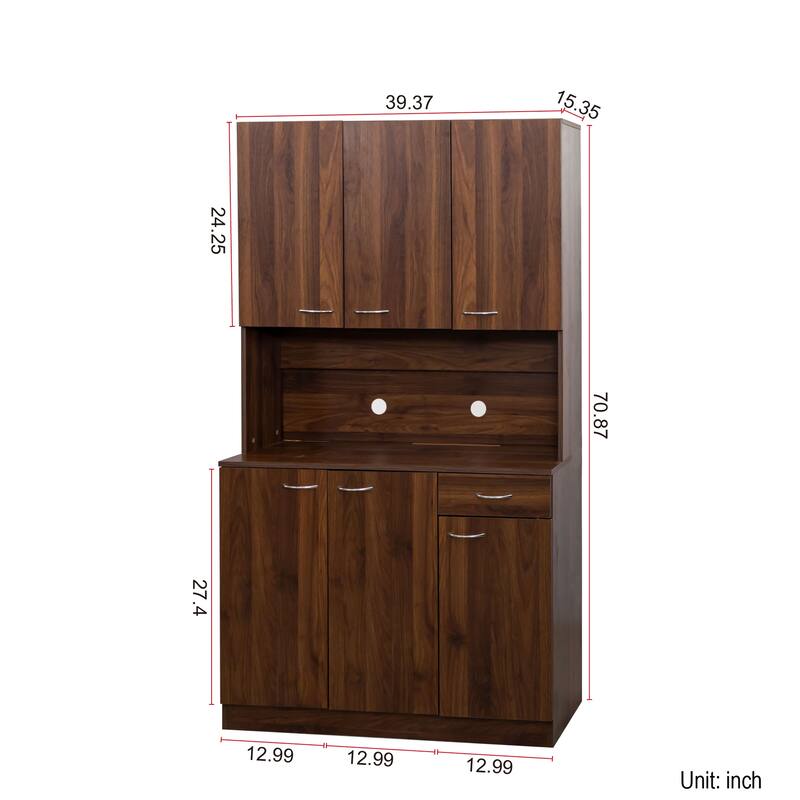 Roomfitters 70.87" Tall Wardrobe Cabinet with 6 Doors, 1 Drawer & Open Shelf, Freestanding Storage, Walnut