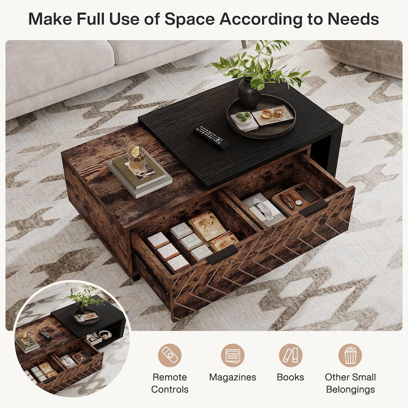 Extendable Coffee Table with 2-drawer and Wood Sliding Tabletop for Living Room