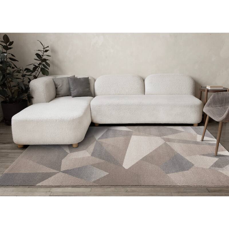 Taupe Beige Grey White Shattered Geometric Dense High-Traffic Rug