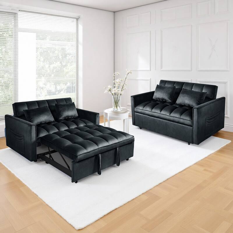 3-in-1 Convertible Sleeper Loveseat Pull Out Twin Size Suede Sofa Bed with 2 Pillows & Pocket