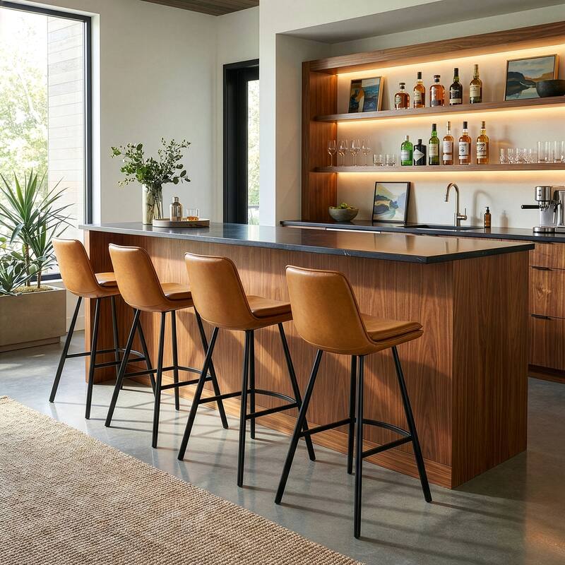 Set of 2 Avalyn Cappuccino Faux Leather Bar Stool with Metal Legs