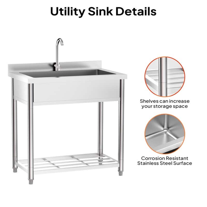 35.4 In. Freestanding Stainless Steel Large Single Basin Utility Sink With Shelve