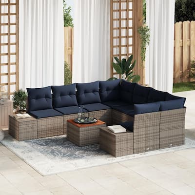 vidaXL 9 Garden Sofa Set with Cushions Black/Grey Poly Rattan - 103.9 x 92.1 x 27.2