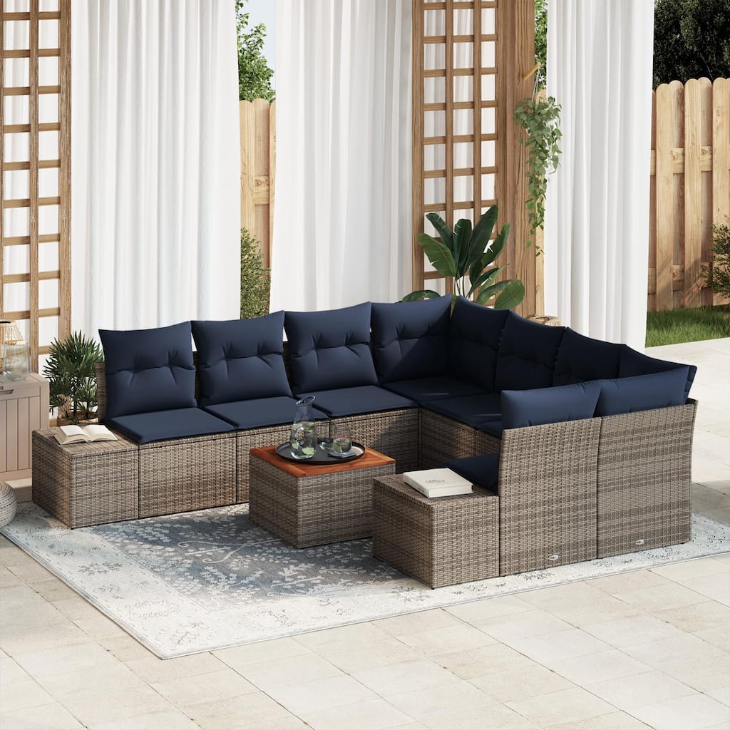 vidaXL 9 Garden Sofa Set with Cushions Black/Grey Poly Rattan - 103.9 x 92.1 x 27.2