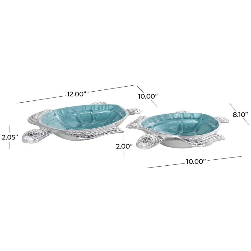 Aluminum Metal Turtle Handmade Enameled Decorative Bowl with Silver Exterior - Set of 2 White, Teal, Blue - Roche River Decor
