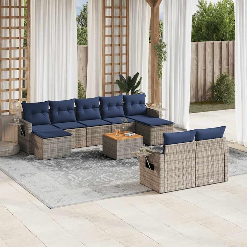 vidaXL 10 Piece Patio Sofa Set with Cushions Black Poly Rattan - 21.7" x 24.4" x 27.2" - Grey and blue