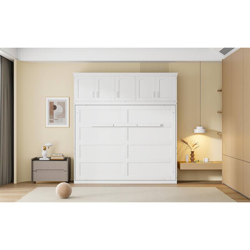 Full Size Wall Bed with Top Cabinets, White - Space-Saving Foldable Bed for Multi-Use Rooms
