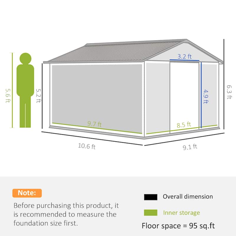 Outsunny 11' x 9' Dark Grey Metal Garden Shed