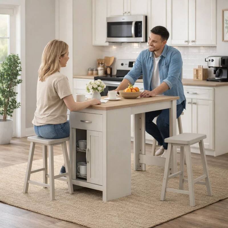 3 Piece Dining Table Kitchen Island with Storage, Counter Stools, Gray