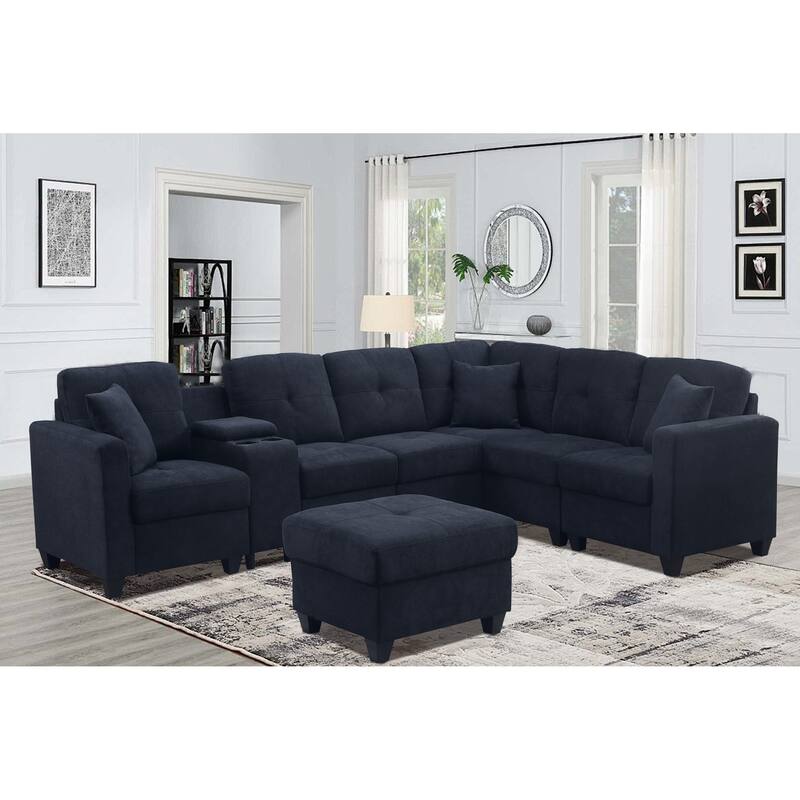Sectional Sofa, Dark Blue Velvet, 127x93x35 inches, 313 lbs, w/Microfiber, Cup Holders, Solid Wood Frame