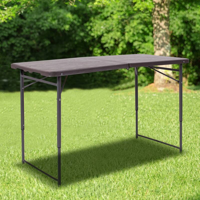 4-Foot Height Adjustable Bi-Fold Dark Gray Plastic Folding Table with Handle - Brown