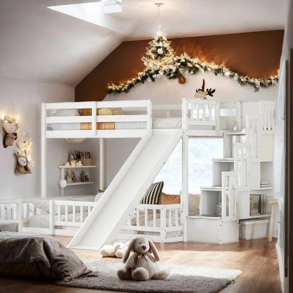 slide 2 of 15, Elegant Twin Over Full Bunk Bed with Slide, Storage Staircase, Pine Solid Wooden Bunk Bed with Safety Guardrails White