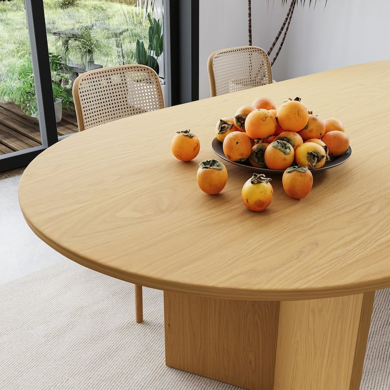 Solid Wood Farmhouse Dining Table with V-Shaped Legs and Oval Wood Top for Modern Dining Rooms & Family Gatherings