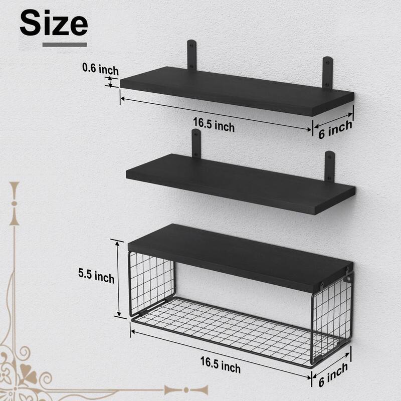 Over-Toilet Floating Shelf w/Wire Basket & Wall Mount - Black