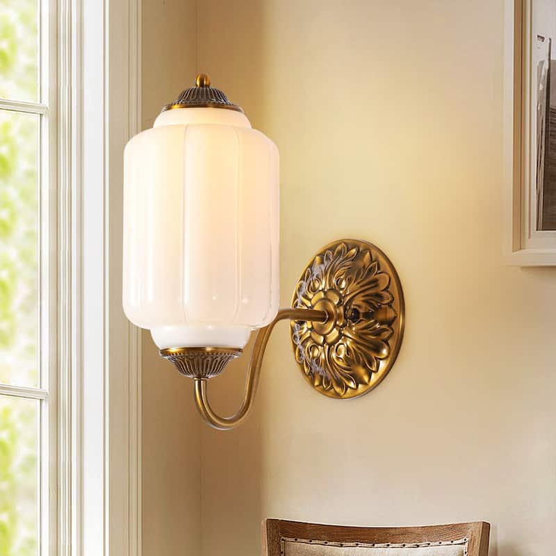 1-Light Vintage Aged Antique Brass Finish Lantern Shaped Wall Light with Milk/Green Glass for Bedroom, Hallways