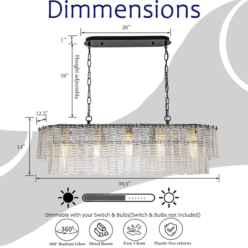 5-Light 39'' Matte Black Rectangle Elegant Ribbed Glass Chandelier Vintage Art Glass Pendant Light For Dining Room - W39''