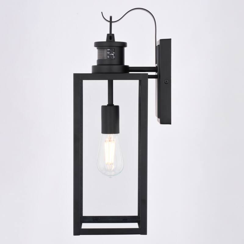 VAXCEL Clinton Matte Black Motion Sensor Dusk to Dawn Outdoor Wall Sconce Light Fixture, Steel, Clear Glass Shade