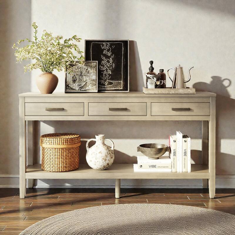59.1 Inch Farmhouse Console Table with 3 Drawers and Bottom Shelf, Painted Entryway Sofa Table - Grey