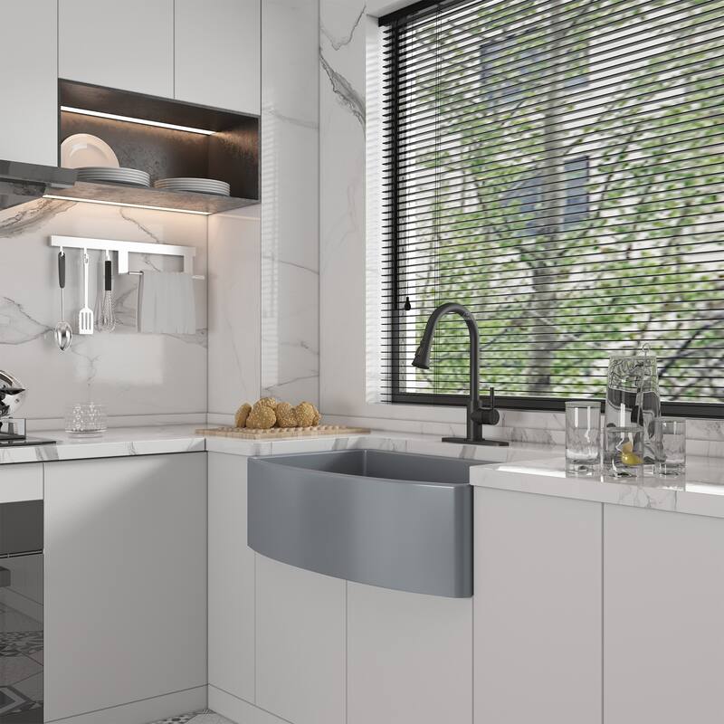 All-in-One Curved Design Single Bowl Farmhouse/Apron-Front Fireclay Kitchen Sink with Pull Down Kitchen Faucet and Accessories