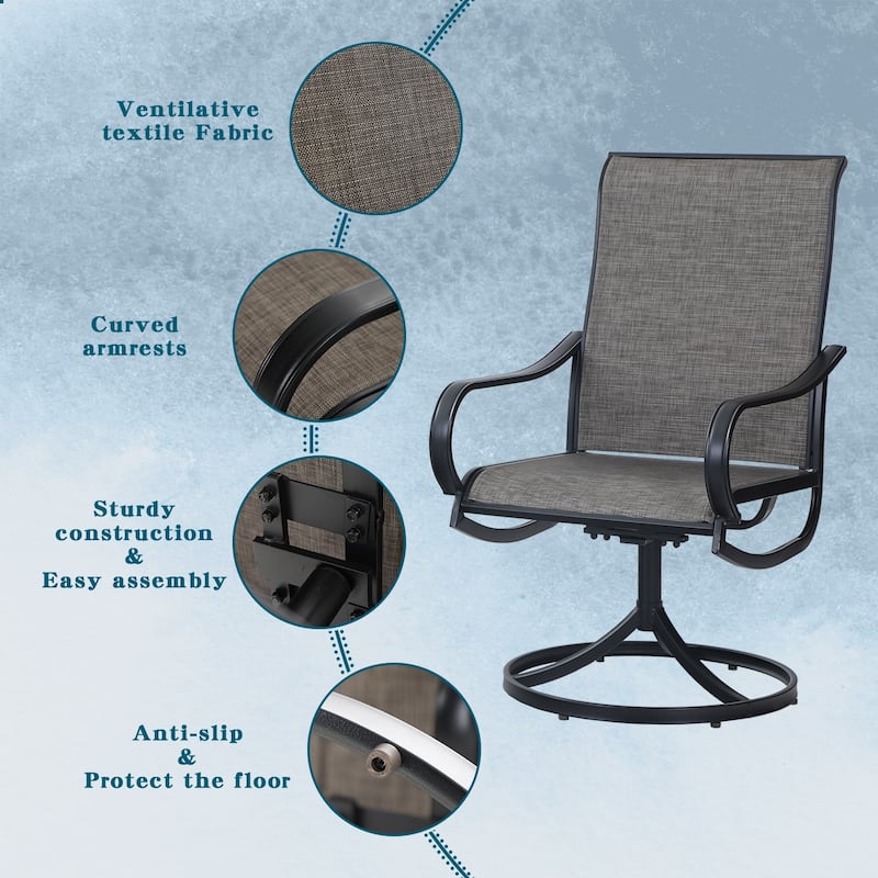 MFSTUDIO 5 Pieces Dining Set,4 Sling Dining Swivel Chairs and 44" Round Metal Wood Grain Table with 1.6" Umbrella Hole