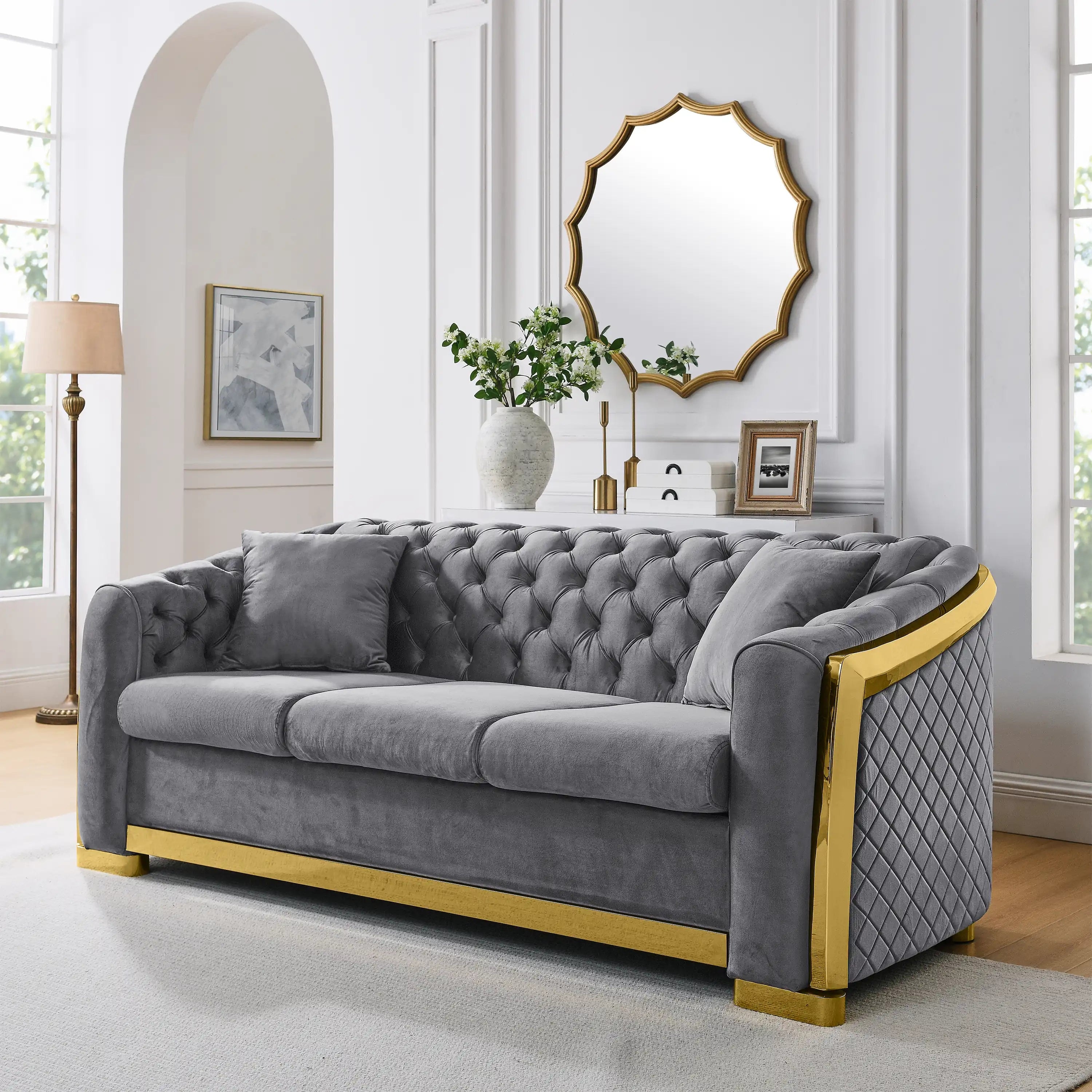 Tufted Velvet 3-Seater Sofa with Gold Stainless Steel Accents Grey