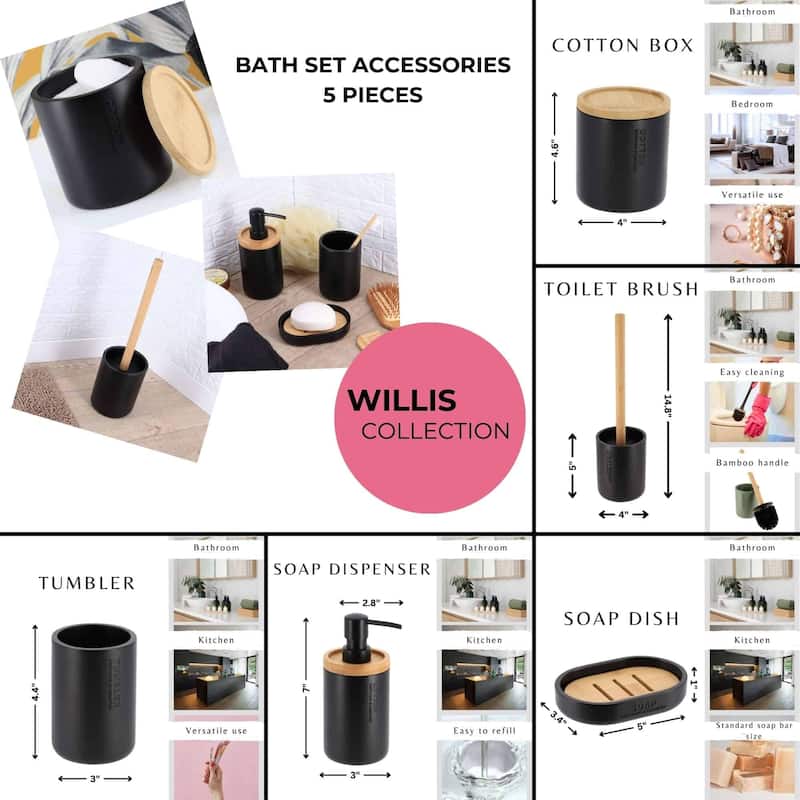 Bathroom Essentials Set Natural Bamboo Bath Set Accessories 5 pieces