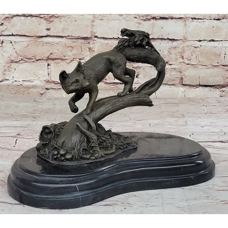 Hot Cast Bronze Imitative Fox On Tree Branch Wildlife Sculpture Statue Signed Original Art