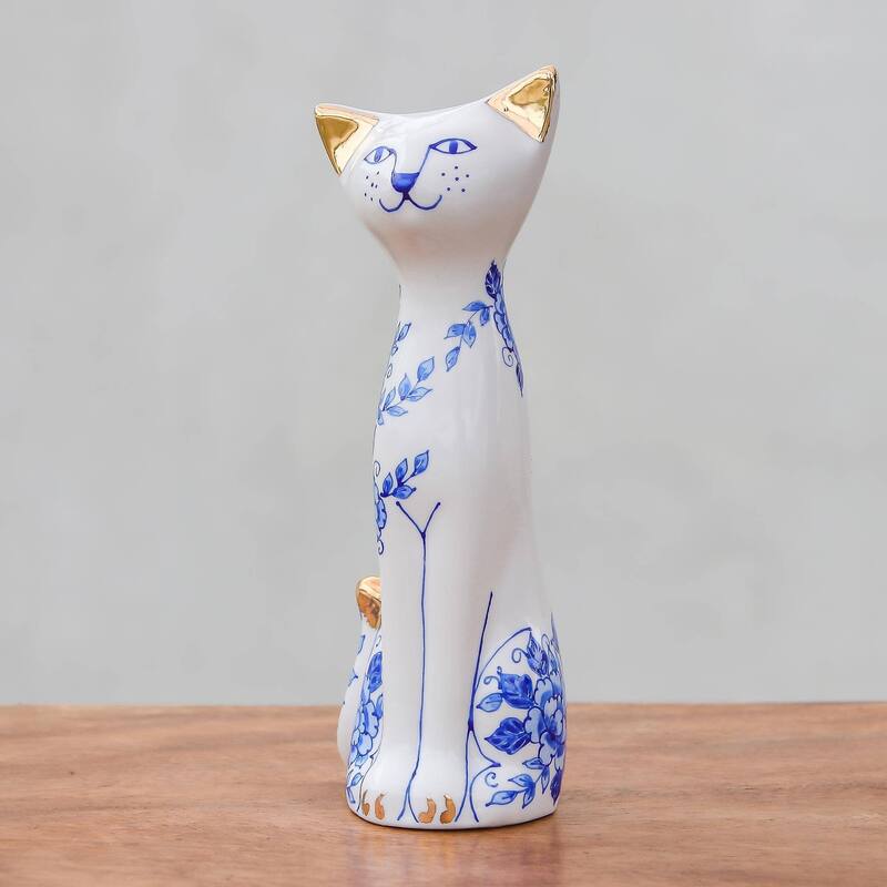 Novica Handmade Sweet Floral Cat Benjarong Porcelain Statuette