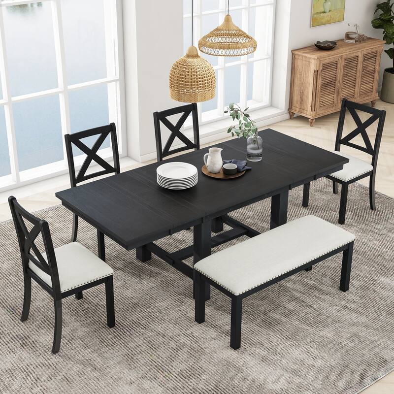6-Piece Extendable Dining Table with Footrest, 4 Upholstered Dining Chairs and Bench, Kitchen Table and Chairs Set - Black