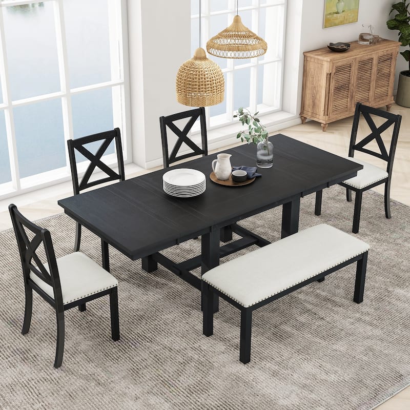 Roomfitters 82" Farmhouse Extendable 6-Piece Dining Table Set with Bench and 4 Upholstered Chairs, Two 11" Leaves