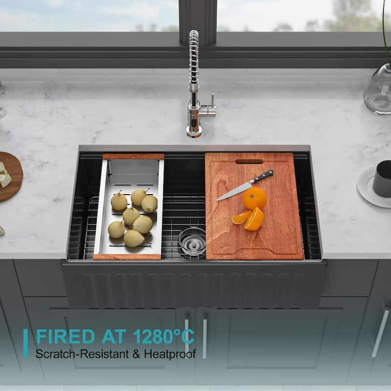 33" Farmhouse Kitchen Sink Workstation 33 x 20 x 10 inch Porcelain Ceramic Sngle Bowl Reversible Design Kitchen Sink