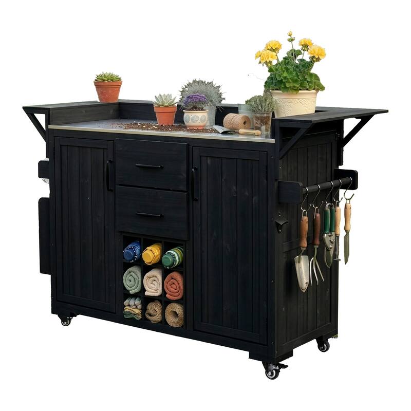 Roomfitters Outdoor Grill Cart and Kitchen Island, Stainless Steel Top, Portable Potting Bench with Storage, Wheels