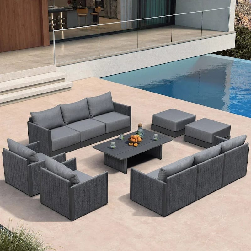PURPLE LEAF Sanori Patio Conversation Set with Grey Ottoman and Cushion Patio Sofas Sectional Set for Poolside Graden - 10+1-Piece