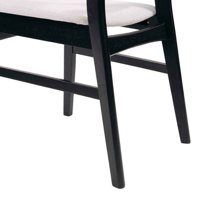 Set of 2 Dining Chairs, Upholstered Seat, Rubberwood Legs, Black + Light beige