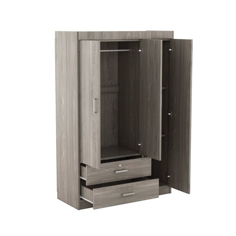 3-Door Wardrobe with 2 Drawers, Shelves & Hanging Rail, Freestanding Armoire Wardrobe Closet, Clothes Storage Cabinet Organizer