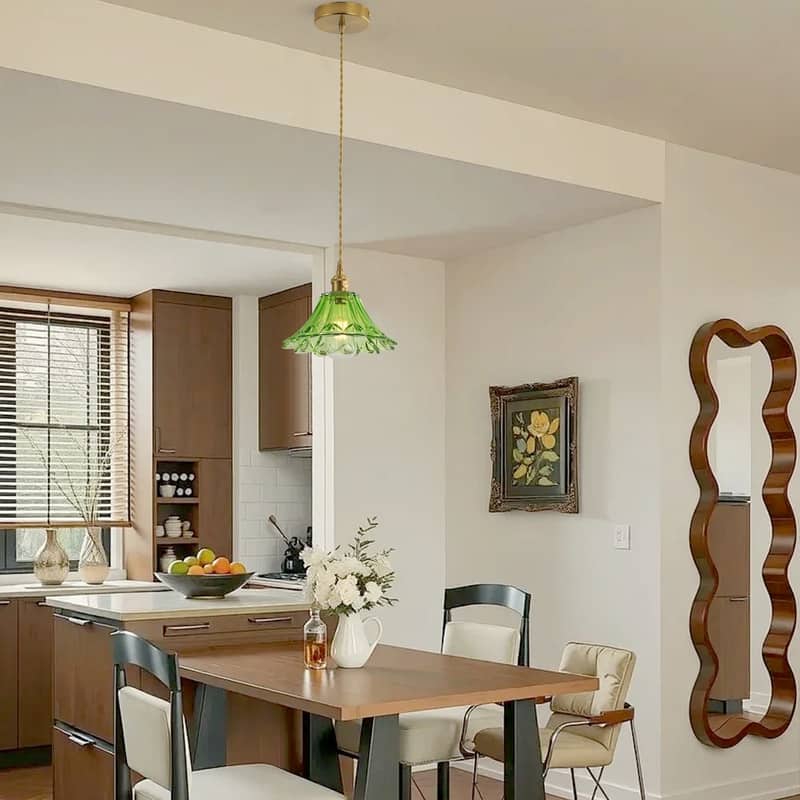 Modern 1-Light Pendant with Light Green Tinted Glass Shade and Electroplated Brass Finish