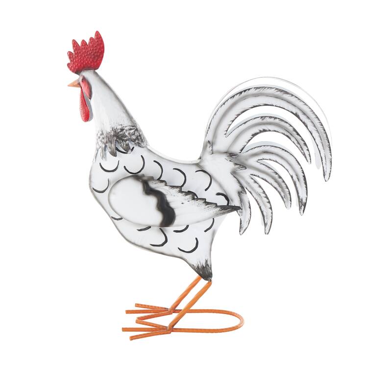 White Metal Rooster Garden Sculpture with Black Texturing and Red Accents