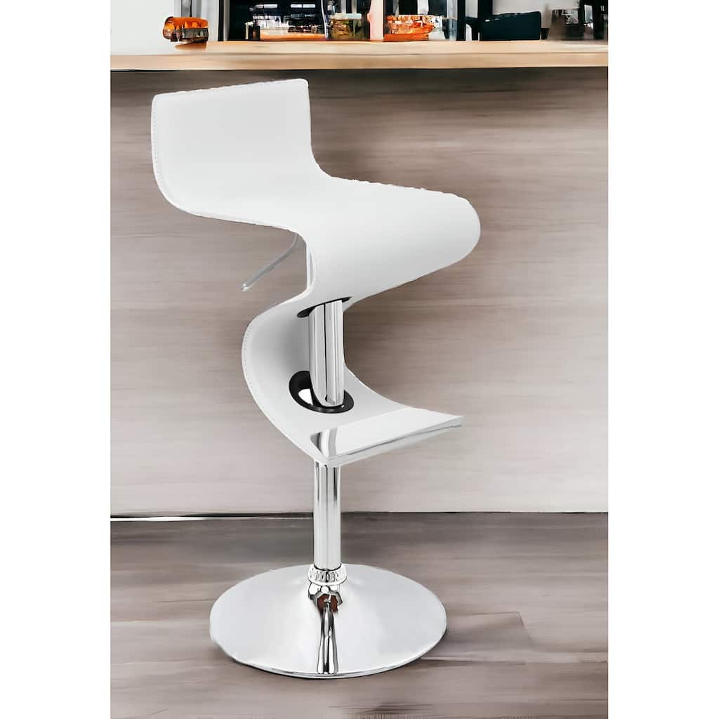 White And Silver Faux Leather And Metal Low Back Adjustable Height Bar Chair