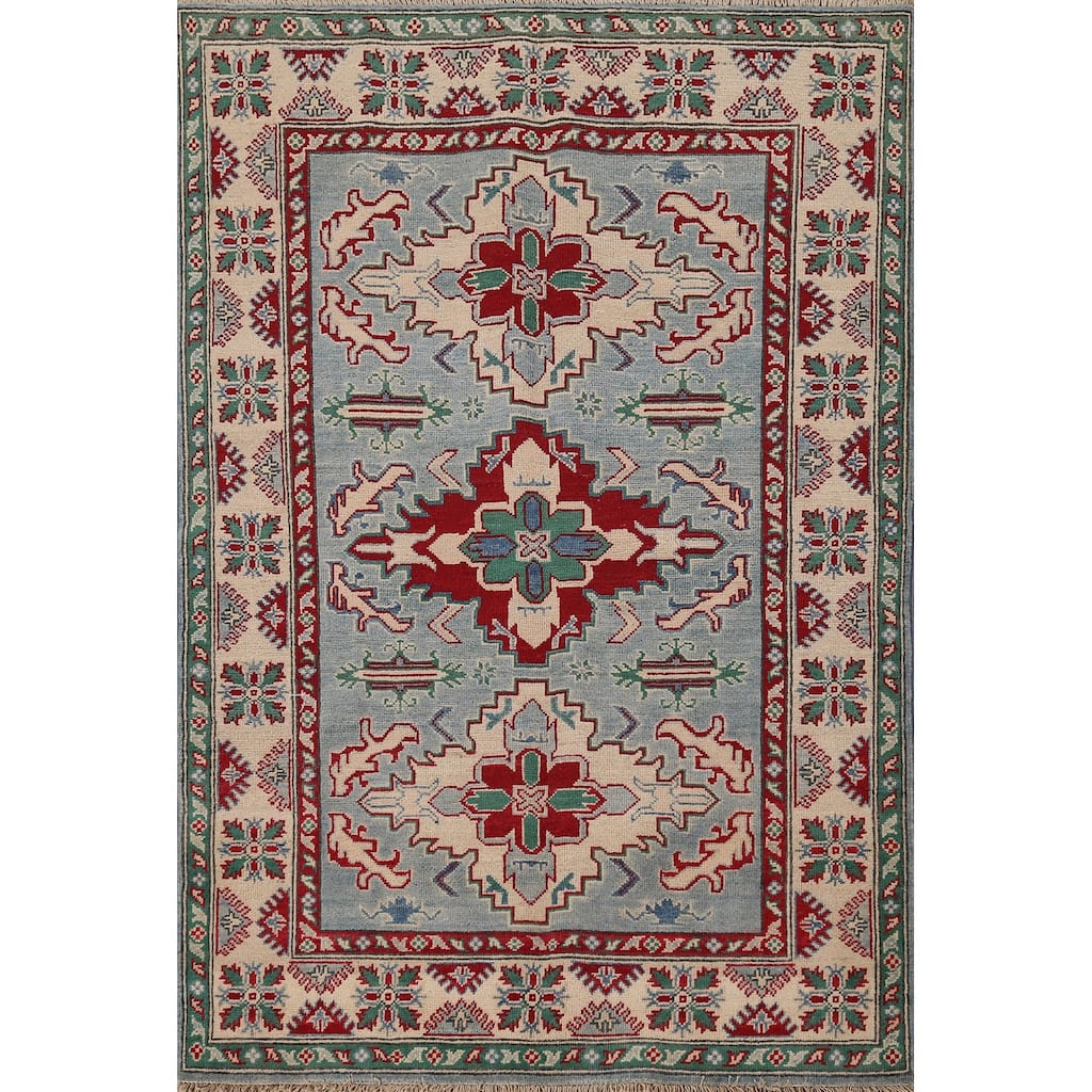 Light Blue Oriental Kazak Area Rug Handmade Wool Carpet - 4'0" x 5'11"
