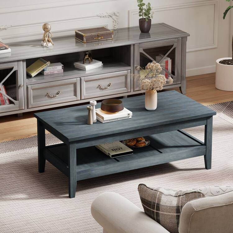 Engineered Wood Coffee Table 2-Tier with Storage and Raised Shelf - 47" x 23.5" x 18"