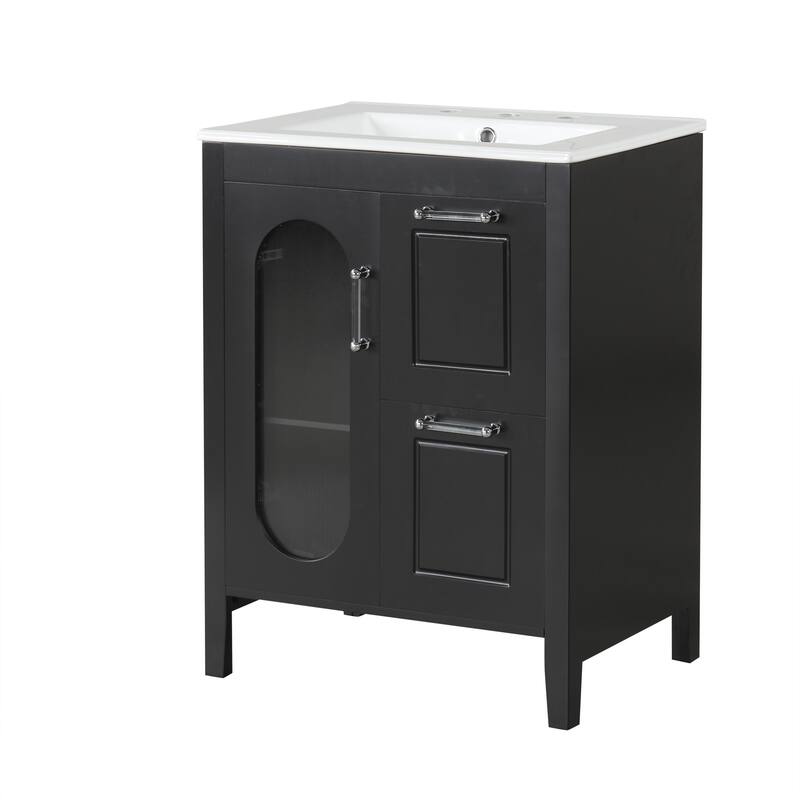 24" Black Bathroom Vanity with Sink - Solid Wood & MDF, Moru Glass Door, 2 Drawers, Adjustable Shelf