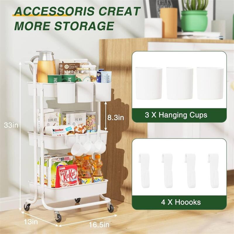 3Tier Rolling Mobile Utility Cart with Hanging Cups - 13"D x 16.5"W x 33"H