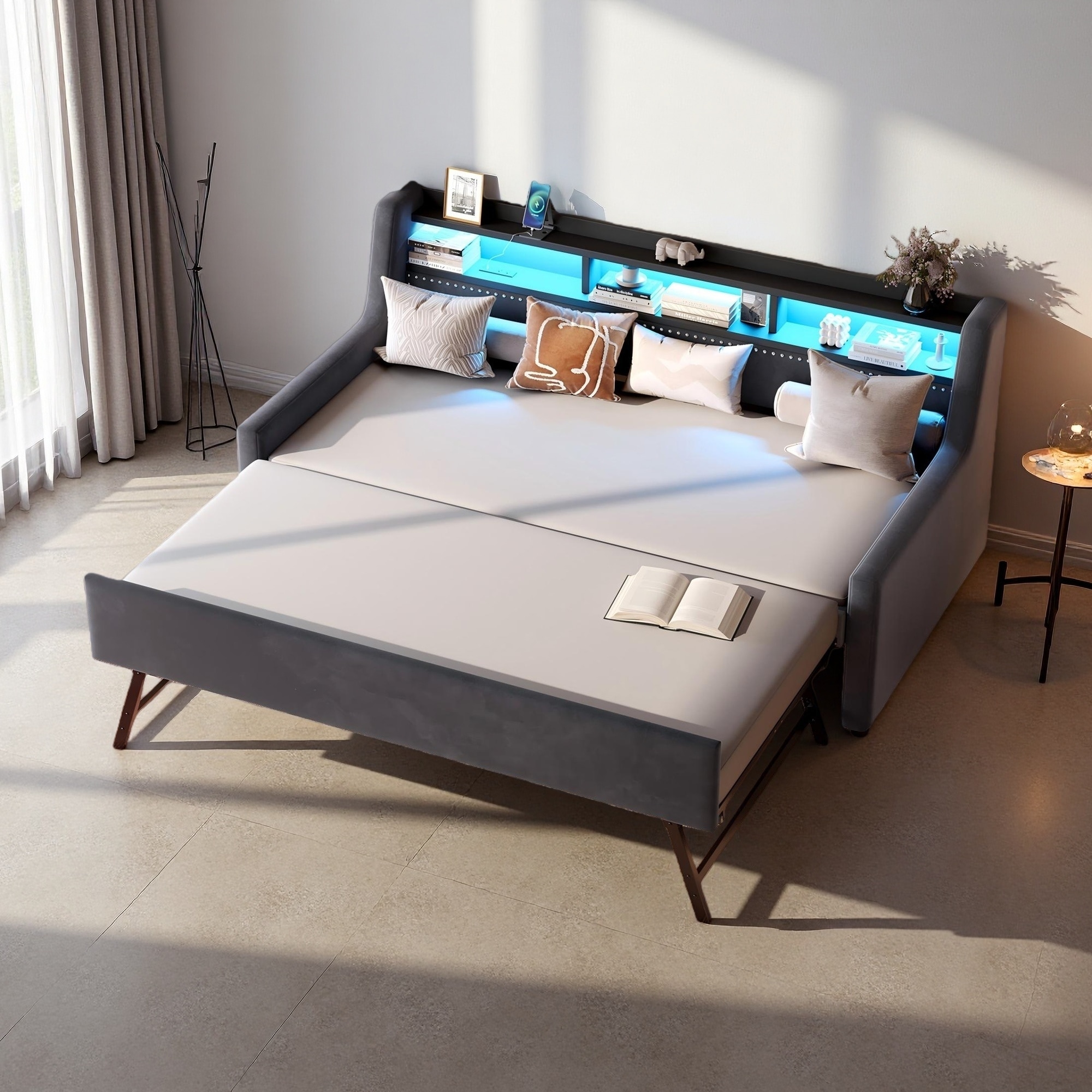 Twin Size Daybed with Trundle, Velvet Upholstered Day Bed with LED Light & Charging Station, Wood and Metal Frame, Space-Saving
