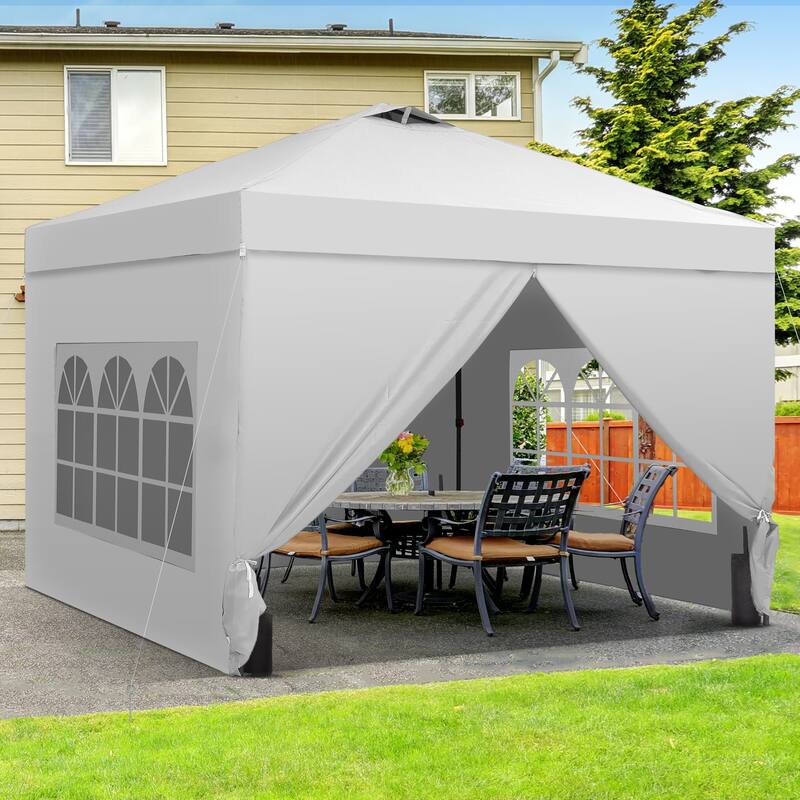 Ainfox 10x10 Pop Up Canopy Tent with 4 Sidewalls, Easy Set up with One Push Lift Outdoor Beach Gazebos with 4 Sandbags - White
